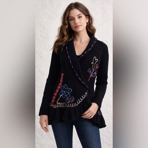 Forla Paris Sweater Black Wool Blend Floral Applique Ruffle Boho Grungy Medium